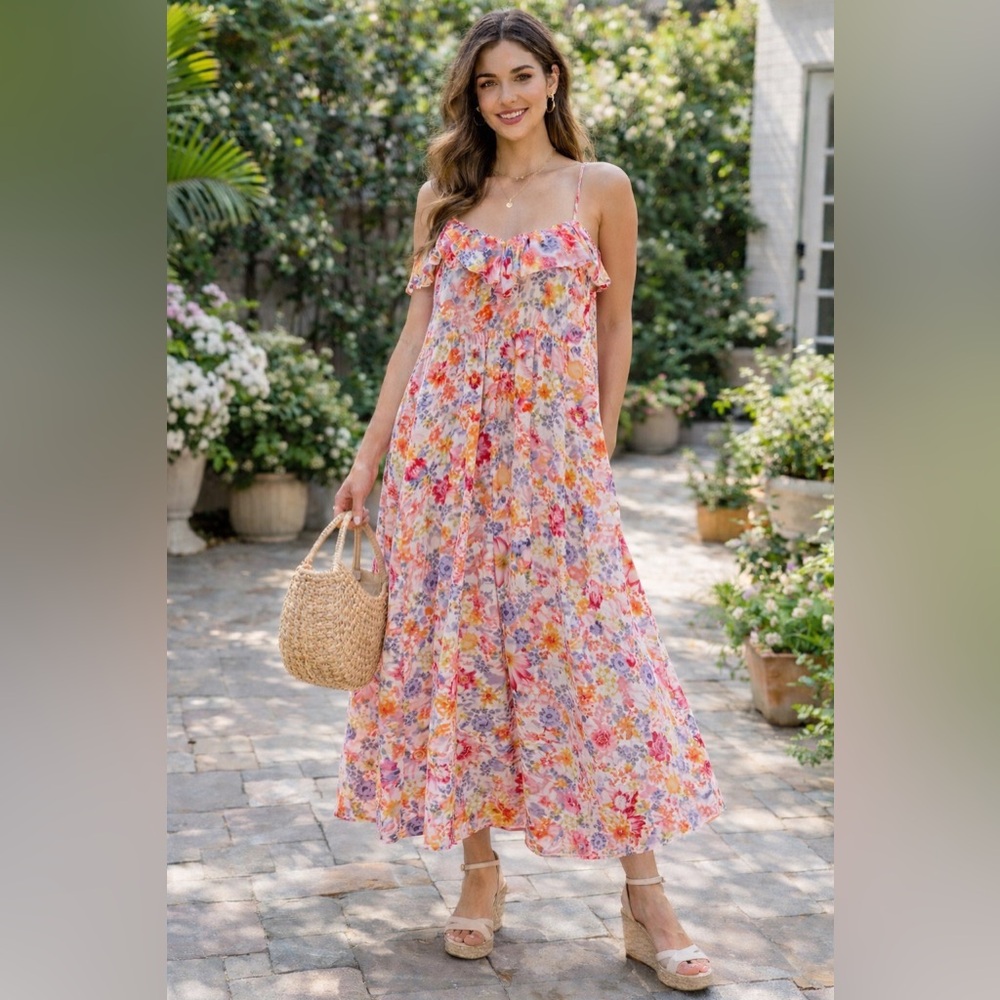 H&M Floral Ruffle Maxi Dress - Pink, Yellow & Purple